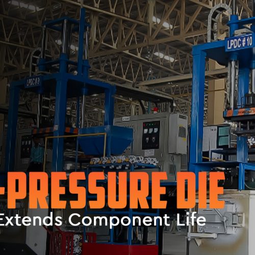 Rockman Industries low-pressure die casting process inside manufacturing plant, showing advanced LPDC machinery and component production.